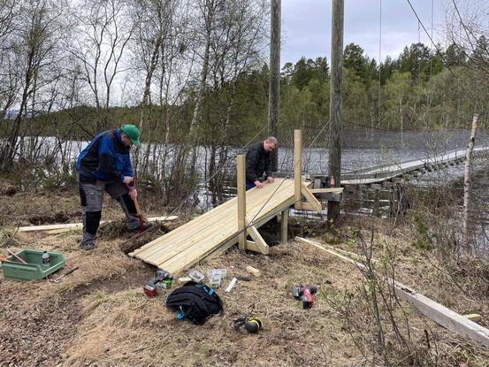Bilde av to menn som jobber med en rampe laget av tre som leder opp til en hengebro
