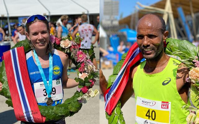 Totalvinnerne i Birkebeinerløpet 2023, Hanne Mjøen Maridal og Weldu Negash Gebretsadik. (Foto fra Birkens facebookside)