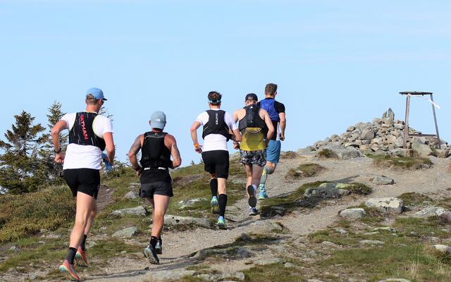 Ultrabirkebeinere på vei over Sjusjøfjellet i flott sommervær i 2023. (Foto: Rolf Bakken)