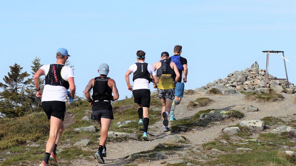 Ultrabirkebeinere på vei over Sjusjøfjellet i flott sommervær i 2023. (Foto: Rolf Bakken)