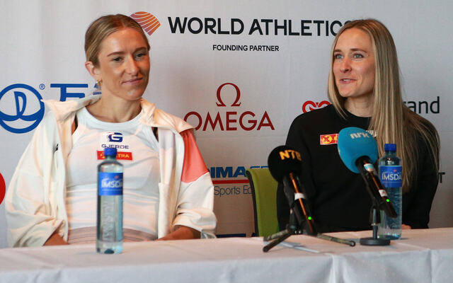 Pressekonferansen: Karoline Bjerkeli Grøvdal og Hedda Hynne er Norges deltakere på 3000 m og i damenes drømme-mile. (Foto: Kjell Vigestad)