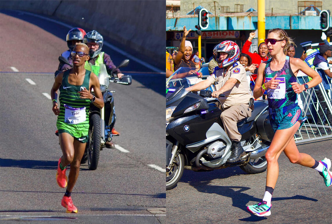 Tete Dijana og Gerda Steyn, begge fra Sør-Afrika, vant og løp under den gamle nedoverrekorden i Comrades Marathon. (Foto: arrangøren)