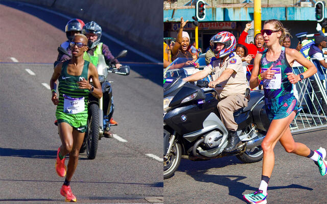 Tete Dijana og Gerda Steyn, begge fra Sør-Afrika, vant og løp under den gamle nedoverrekorden i Comrades Marathon. (Foto: arrangøren)