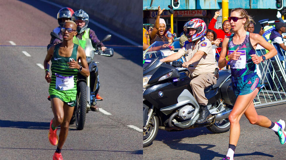 Tete Dijana og Gerda Steyn, begge fra Sør-Afrika, vant og løp under den gamle nedoverrekorden i Comrades Marathon. (Foto: arrangøren)