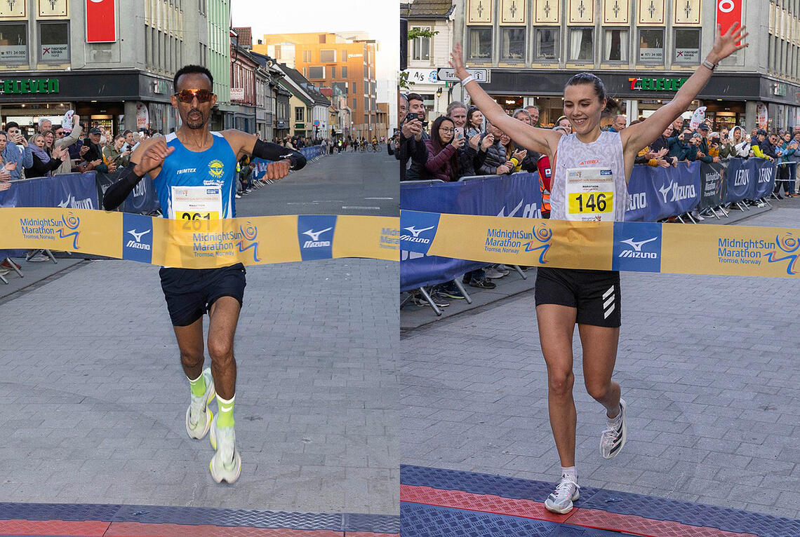 I år som i fjor vant Ebrahim Abdulaziz og Yngvild Kaspersen maratondistansen i Midnight Sun Marathon. (Foto: Zoltan Tot)