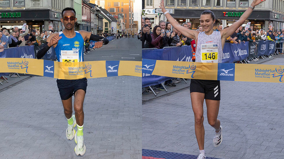 I år som i fjor vant Ebrahim Abdulaziz og Yngvild Kaspersen maratondistansen i Midnight Sun Marathon. (Foto: Zoltan Tot)