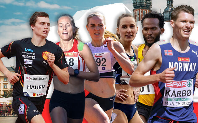 Espen Hansen-Møllerud Hauen, Sara Aarsland Svarstad, Kristine Eikrem Engeset, Hedda Hynne, Awet Kibrab og Tom-Erling Kårbø deltar for Norge på lengre løpsøvelser. Se hele Norges tropp og tidsskjema her. (Montasje: Tom-Arild Hansen)