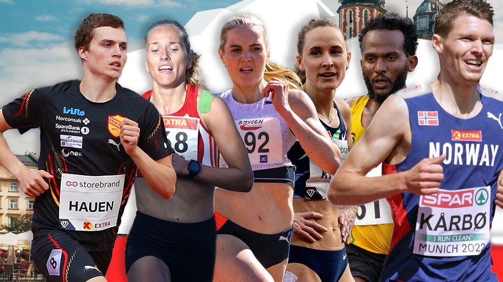 Espen Hansen-Møllerud Hauen, Sara Aarsland Svarstad, Kristine Eikrem Engeset, Hedda Hynne, Awet Kibrab og Tom-Erling Kårbø deltar for Norge på lengre løpsøvelser. Se hele Norges tropp og tidsskjema her. (Montasje: Tom-Arild Hansen)