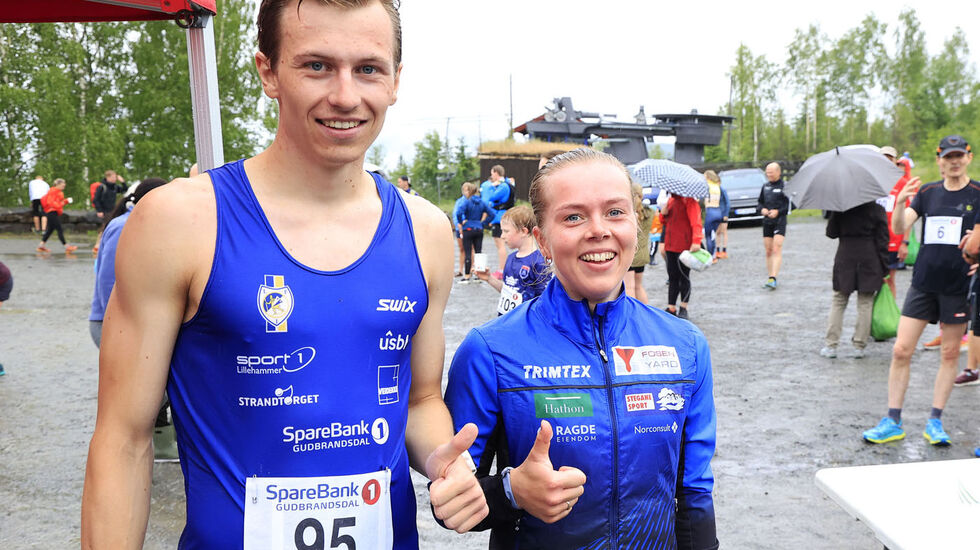 Vinnerne, Leif Christian Tallaksen fra Lillehamm IF og Karoline Erdal fra Førde IL / Team Fosen Yard. i målområdet ved Kanten kro.  