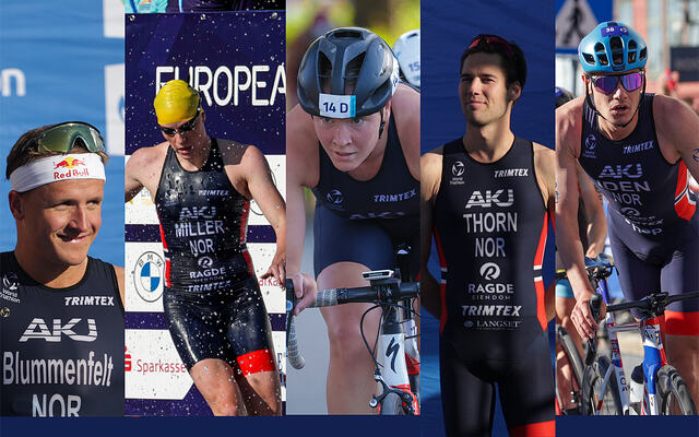 Kristian Blummenfelt, Lotte Miller, Solveig Løvseth, Vetle Thorn og Gustav Iden er på plass i Canada for å plukke poeng til OL-kvalifiseringen. (Foto/montasje: Arne Dag Myking)