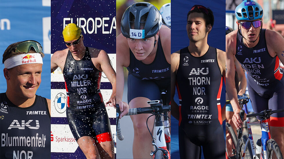 Kristian Blummenfelt, Lotte Miller, Solveig Løvseth, Vetle Thorn og Gustav Iden er på plass i Canada for å plukke poeng til OL-kvalifiseringen. (Foto/montasje: Arne Dag Myking)