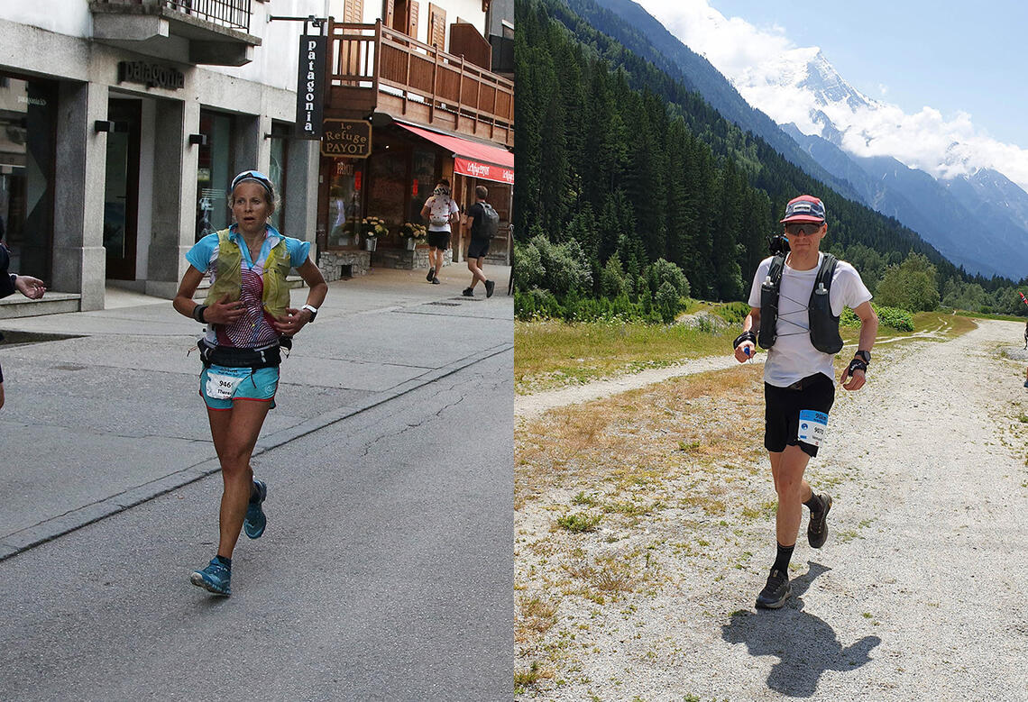 Vi ser Therese Sjursen løpe mot mål i gågata i Chamonix, mens Vemund Øvstehage er fotografert mens han ennå har ett fjell igjen å forsere. (Foto: Runar Gilberg) 