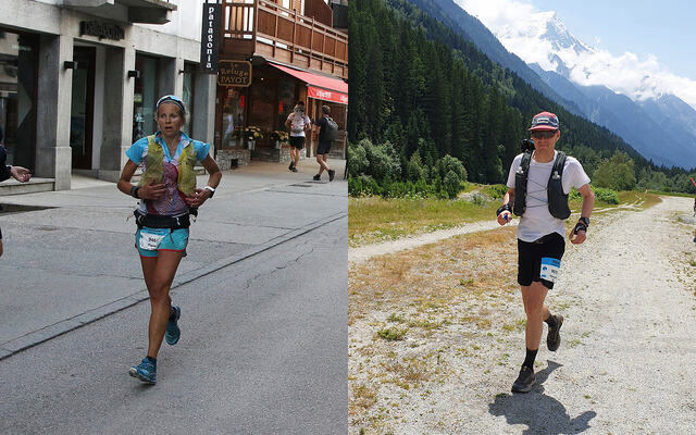Vi ser Therese Sjursen løpe mot mål i gågata i Chamonix, mens Vemund Øvstehage er fotografert mens han ennå har ett fjell igjen å forsere. (Foto: Runar Gilberg)