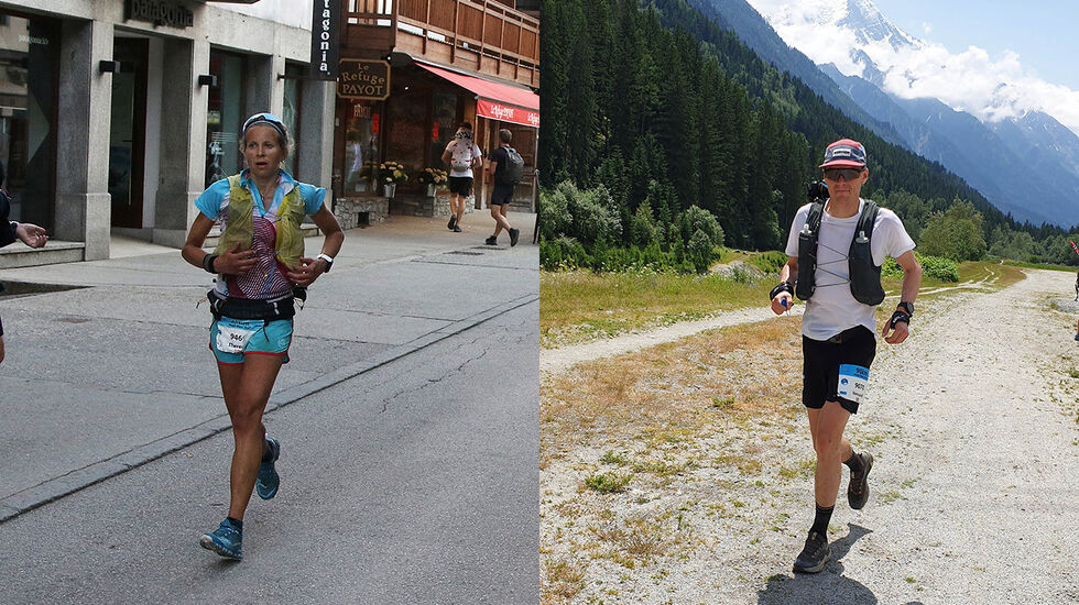 Vi ser Therese Sjursen løpe mot mål i gågata i Chamonix, mens Vemund Øvstehage er fotografert mens han ennå har ett fjell igjen å forsere. (Foto: Runar Gilberg) 