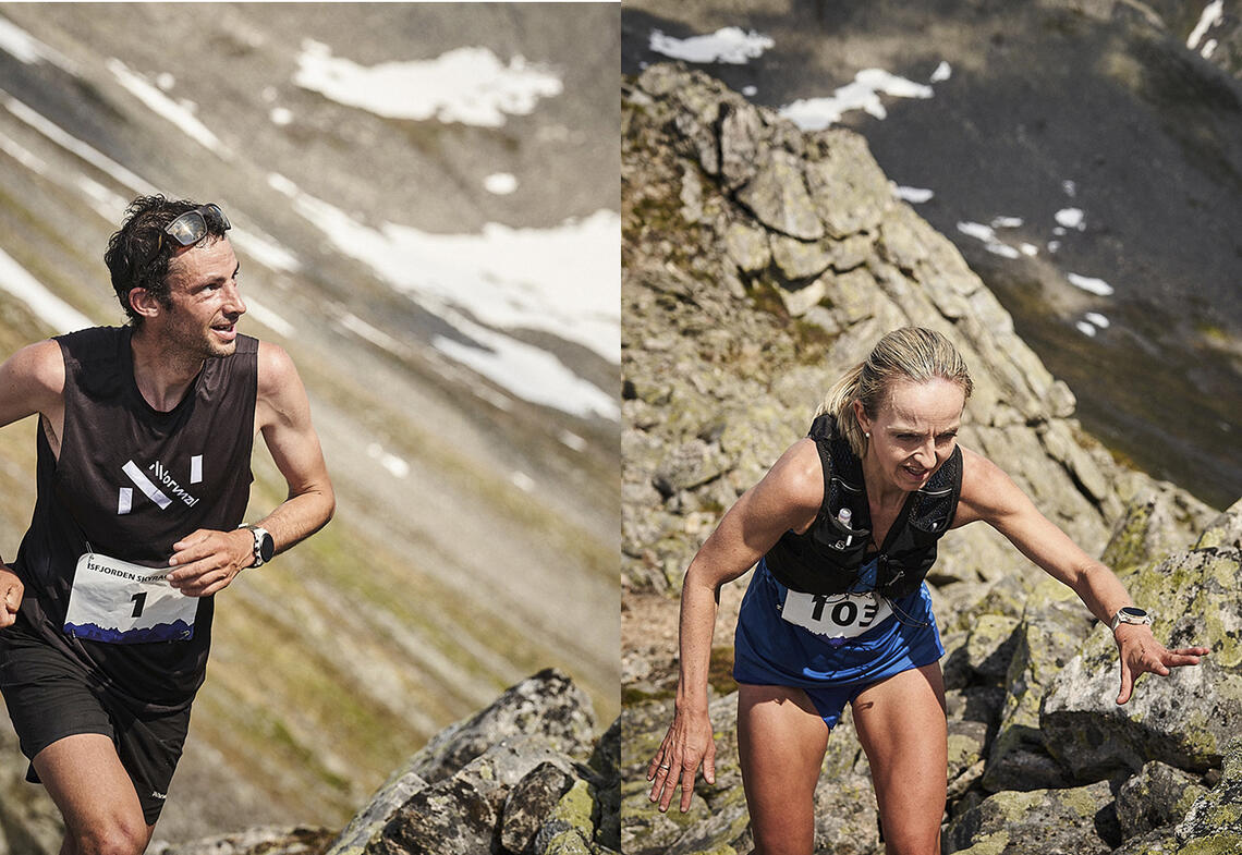 Kilian Jornet og Anita Iversen Lilleskare var raskest gjennom den luftige langløypa i Isfjorden Skyrace. (Foto: arrangøren)