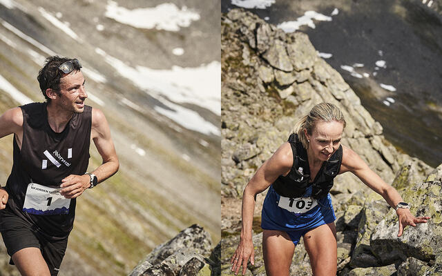 Kilian Jornet og Anita Iversen Lilleskare var raskest gjennom den luftige langløypa i Isfjorden Skyrace. (Foto: arrangøren)