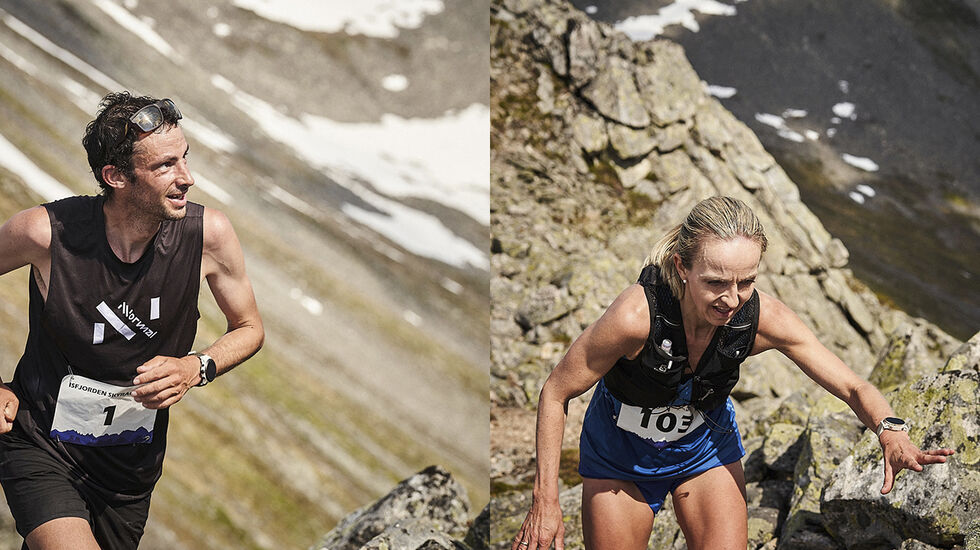 Kilian Jornet og Anita Iversen Lilleskare var raskest gjennom den luftige langløypa i Isfjorden Skyrace. (Foto: arrangøren) 