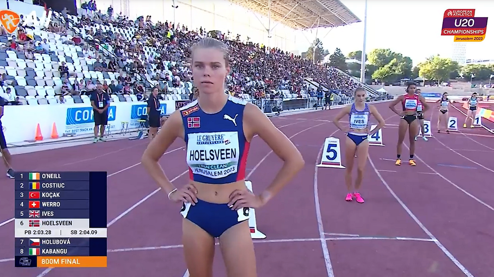 En finaleklar Malin Hoelsveen i Jerusalem torsdag ettermiddag. (Skjermbilde fra All Athletics streaming)