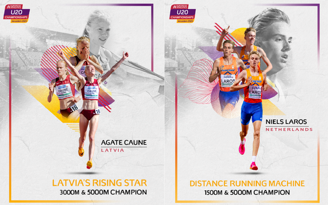De to største profilene på de distanseløpene: Agate Caune og Niels Laros tok sin andre gullmedalje i U20-EM på 5000m. (Foto: European Athletics)