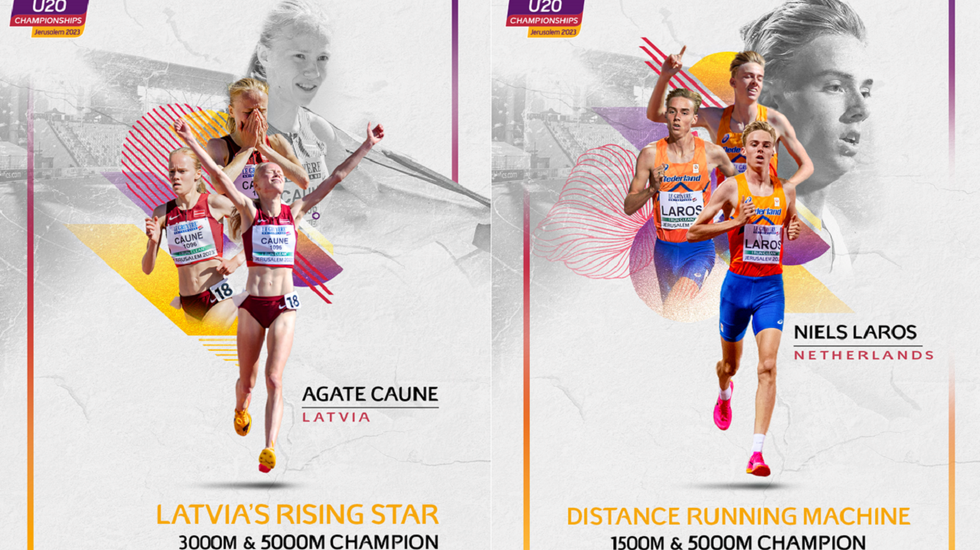 De to største profilene på de distanseløpene: Agate Caune og Niels Laros tok sin andre gullmedalje i U20-EM på 5000m. (Foto: European Athletics)