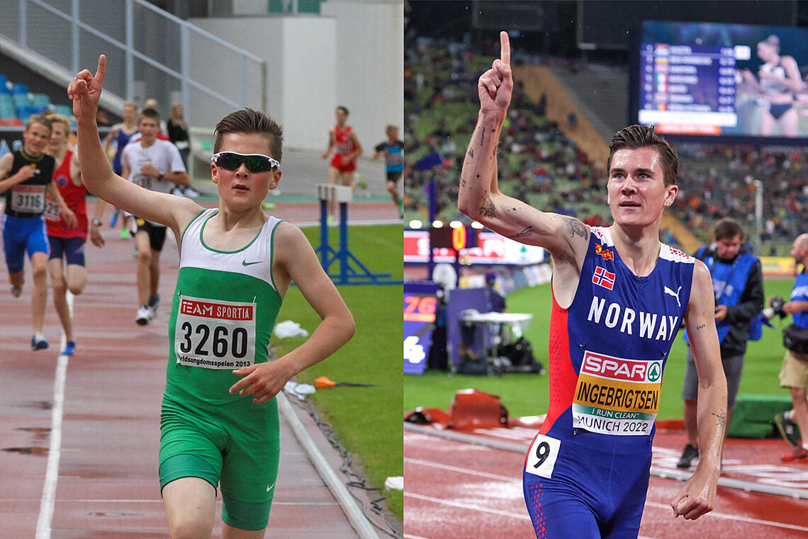 På bildet til venstre vinner Jakob Ingebrigtsen klasse G13 på 1500 meter i Världsungdomsspelen i 2013, på bildet til høyre har han nettopp blitt Europamester på 1500 meter i München i 2022. (Alle foto: Arne Dag Myking)