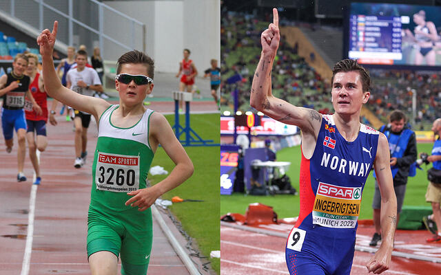 På bildet til venstre vinner Jakob Ingebrigtsen klasse G13 på 1500 meter i Världsungdomsspelen i 2013, på bildet til høyre har han nettopp blitt Europamester på 1500 meter i München i 2022. (Alle foto: Arne Dag Myking)