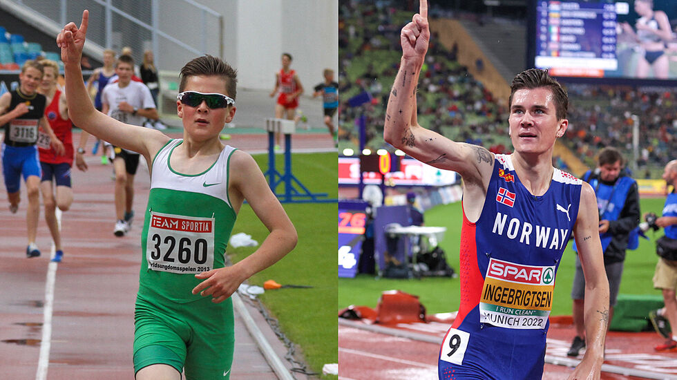 På bildet til venstre vinner Jakob Ingebrigtsen klasse G13 på 1500 meter i Världsungdomsspelen i 2013, på bildet til høyre har han nettopp blitt Europamester på 1500 meter i München i 2022. (Alle foto: Arne Dag Myking)