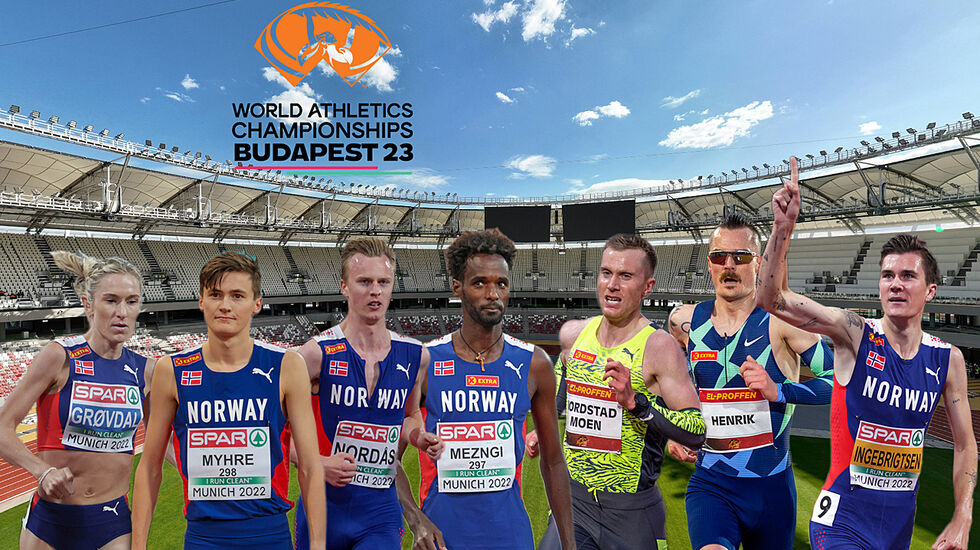 Karoline Bjerkeli Grøvdal, Magnus Tuv Myhre, Narve Gilje Nordås, Zerei Kbrom Mezngi, Sondre Nordstad Moen, Henrik og Jakob Ingebrigtsen er de norske som er påmeldt 5000 m, 10000 m og maraton. (Foto: Arne Dag Myking/Samuel Hafsahl/World Athletics).