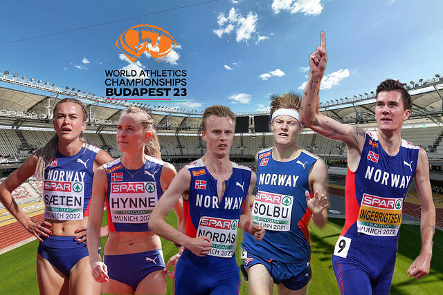 Amalie Sæten, Hedda Hynne, Narve Gilje Nordås, Ole Jakob Solbu og Jakob Ingebrigtsen er de fem norske som skal i ilden på 800 og 1500 m. (Foto: Arne Dag Myking/Kjell Vigestad/World Athletics).