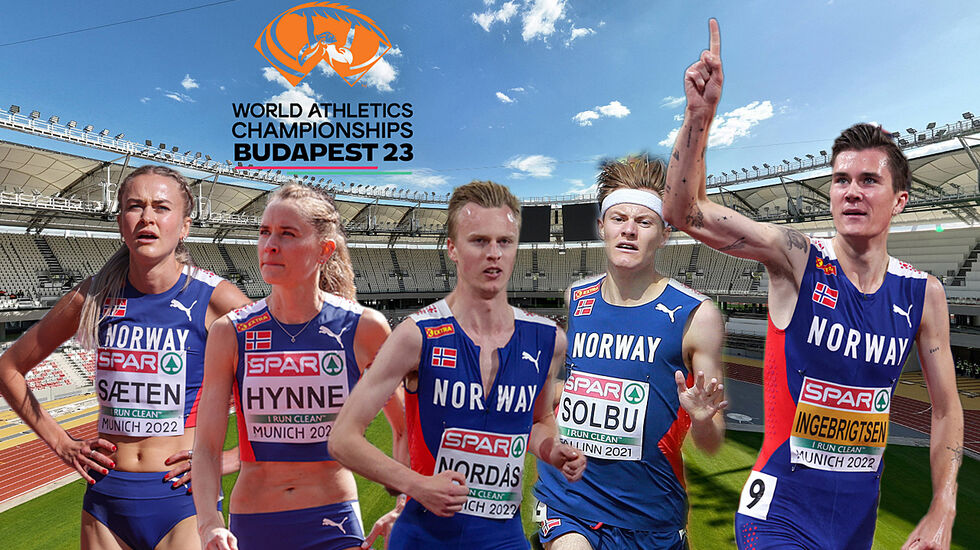 Amalie Sæten, Hedda Hynne, Narve Gilje Nordås, Ole Jakob Solbu og Jakob Ingebrigtsen er de fem norske som skal i ilden på 800 og 1500 m. (Foto: Arne Dag Myking/Kjell Vigestad/World Athletics).