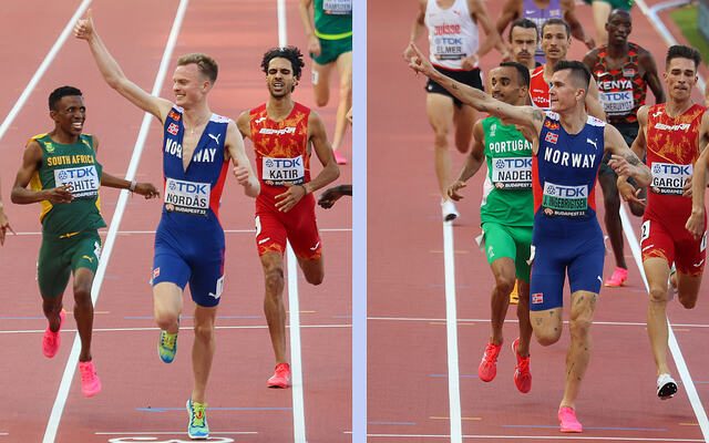 Både Narve Gilje Nordås og Jakob Ingebrigtsen tillot seg en liten feiring av at finaleplassen var klar. (Alle foto: Arne Dag Myking)