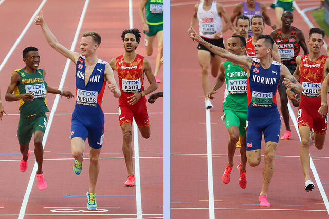 Både Narve Gilje Nordås og Jakob Ingebrigtsen tillot seg en liten feiring av at finaleplassen var klar. (Alle foto: Arne Dag Myking)