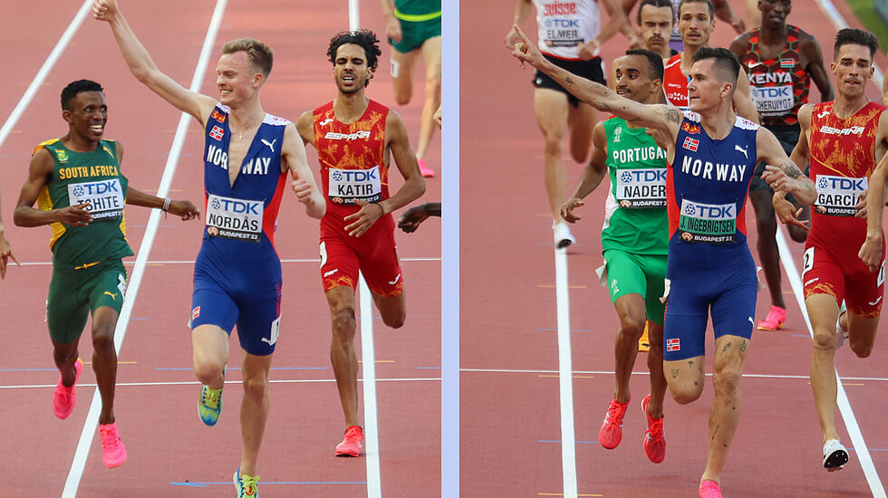 Både Narve Gilje Nordås og Jakob Ingebrigtsen tillot seg en liten feiring av at finaleplassen var klar. (Alle foto: Arne Dag Myking)