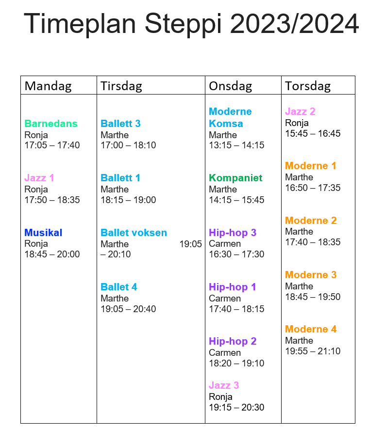 Timeplan for lokalet med navn Steppi