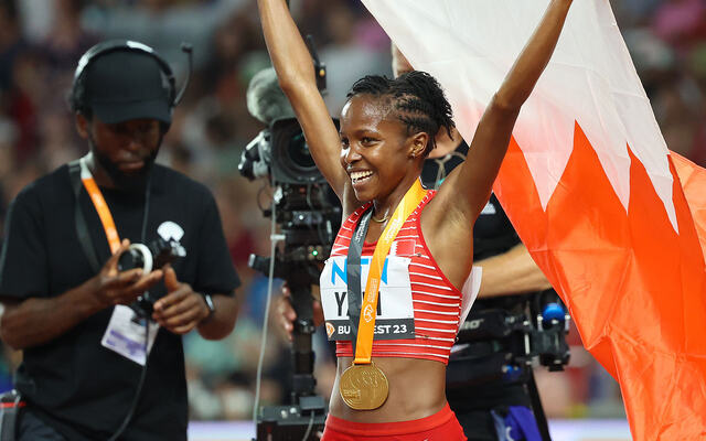 Winfred Yavi sørga for Bahrains eneste medalje i VM i Budapest. Den var til gjengjeld av gull. (Alle foto: Arne Dag Myking)