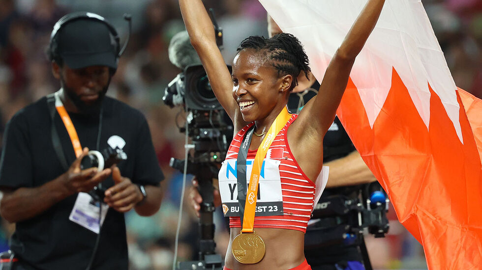 Winfred Yavi sørga for Bahrains eneste medalje i VM i Budapest. Den var til gjengjeld av gull. (Alle foto: Arne Dag Myking)