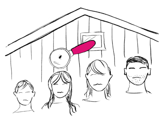 Tegning som viser ein familie som blir sjekka for lus