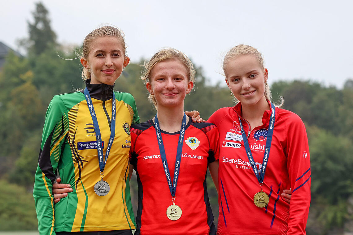 Premiepallen 800 meter for jenter-16: Wilma Anna Bekkemoen Torbiörnsson, Astrid Cecilie Berntsen og Eline Skaar. (Alle foto: Arne Dag Myking)