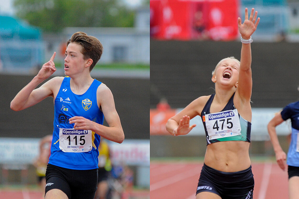 Endre Hartvedt Haugen og Tuva Alme jubler over seier på 2000 meter, og ungdomsmestertittel. (Alle foto: Arne Dag Myking)