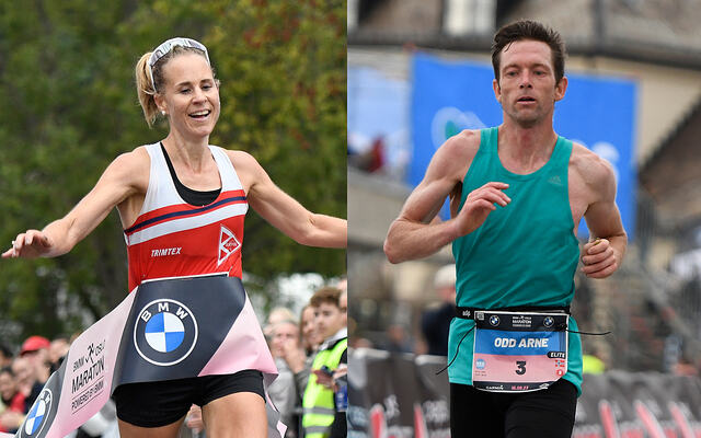 Her ser vi Kristin Waaktaar Opland og Odd Arne Engesæter under årets Oslo Maraton. (Foto: Bjørn Johannessen)