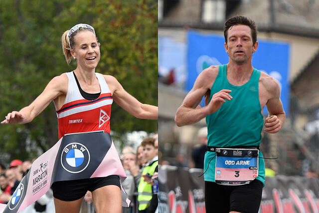 Her ser vi Kristin Waaktaar Opland og Odd Arne Engesæter under årets Oslo Maraton. (Foto: Bjørn Johannessen) Kristin Waaktaar Opland og Odd Arne Engesæter