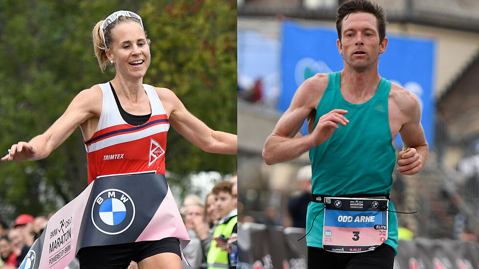 Her ser vi Kristin Waaktaar Opland og Odd Arne Engesæter under årets Oslo Maraton. (Foto: Bjørn Johannessen)