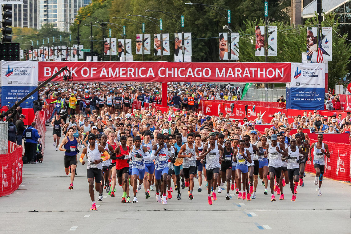 Starten går for Chicago maraton 2023. Omtrent 45000 løpere totalt, hvorav 117 fra Norge. (Foto: © Bank of America Chicago Marathon/Kevin Morris)