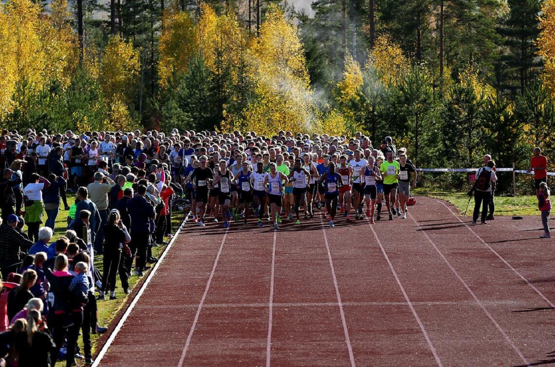 Fra starten 10 km på Furumo Idrettspark i 2017. (Foto: Bjørn Hytjanstorp)