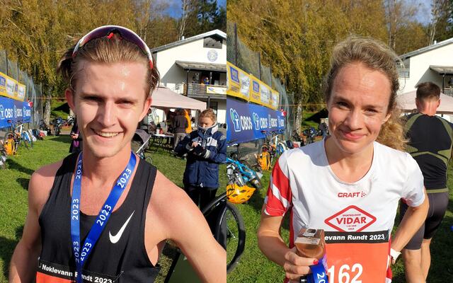 Vinnere av 10 km i Nøklevann Rundt 2023: Theodor Berre Jacobsen og Runa Skrove Falch (Foto: Runar Gilberg)