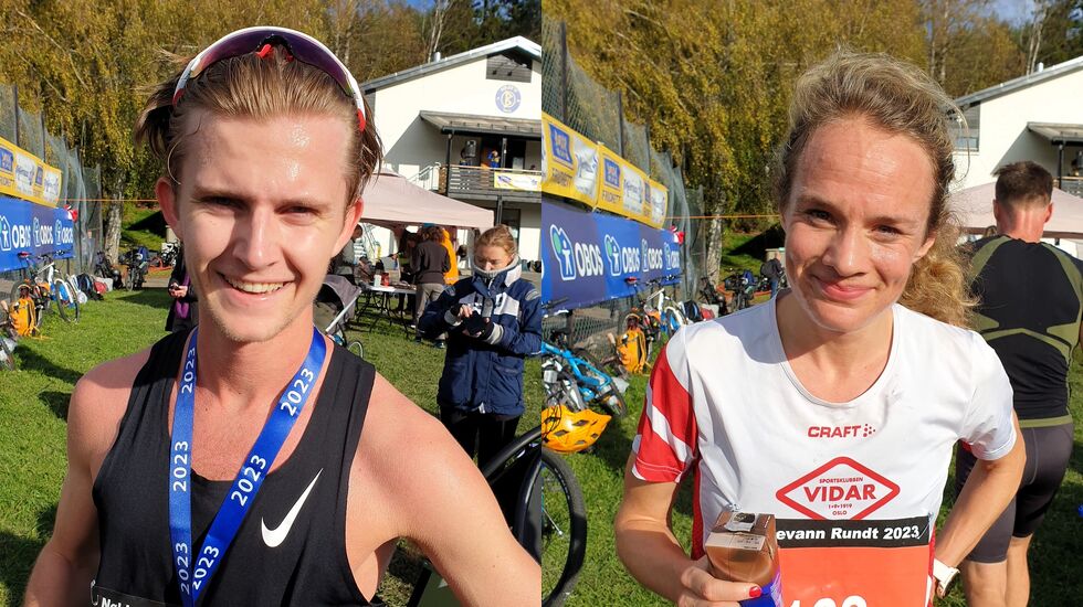 Vinnere av 10 km i Nøklevann Rundt 2023:  Theodor Berre Jacobsen og Runa Skrove Falch (Foto: Runar Gilberg)