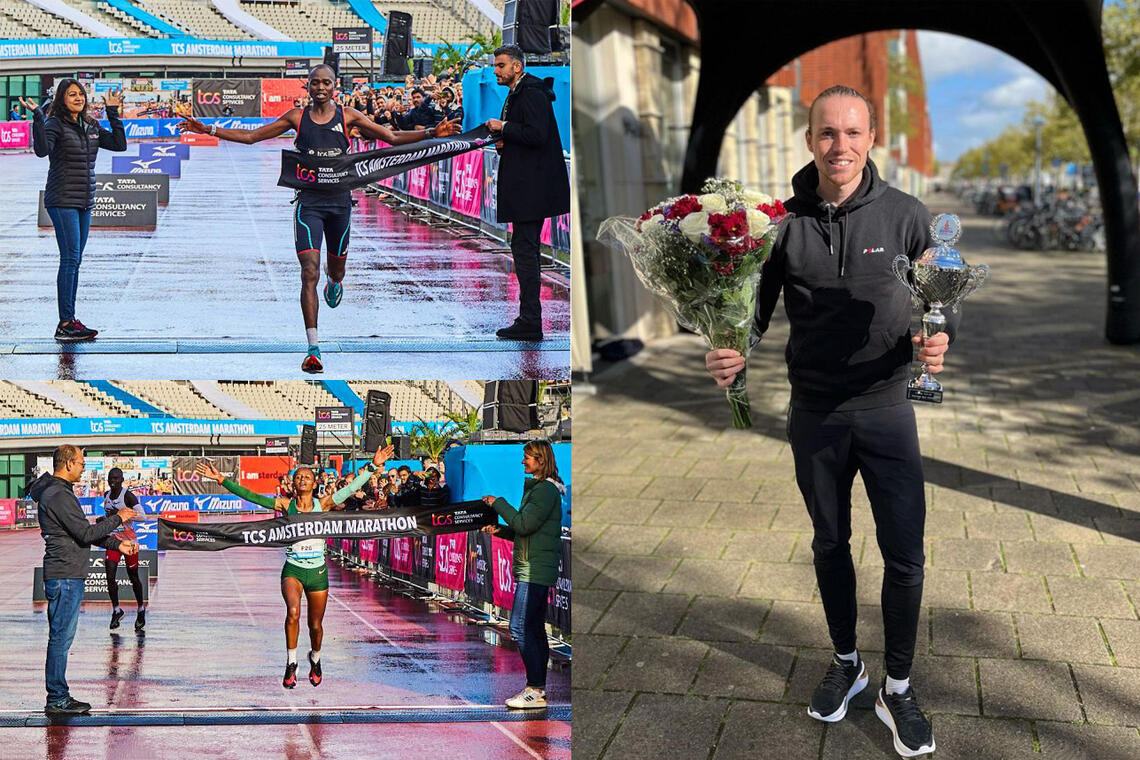 Joshua Belet og Meseret Belete løper i mål som vinnere av maraton i Amsterdam, mens Marius Sørli allerede har mottatt pokalen for seier på den korteste distansen, 8 km. (Foto: Arrangør/Marius Sørlis Instagramkonto)