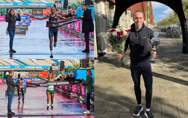 Joshua Belet og Meseret Belete løper i mål som vinnere av maraton i Amsterdam, mens Marius Sørli allerede har mottatt pokalen for seier på den korteste distansen, 8 km. (Foto: Arrangør/Marius Sørlis Instagramkonto)