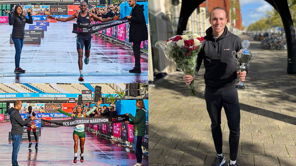Joshua Belet og Meseret Belete løper i mål som vinnere av maraton i Amsterdam, mens Marius Sørli allerede har mottatt pokalen for seier på den korteste distansen, 8 km. (Foto: Arrangør/Marius Sørlis Instagramkonto)