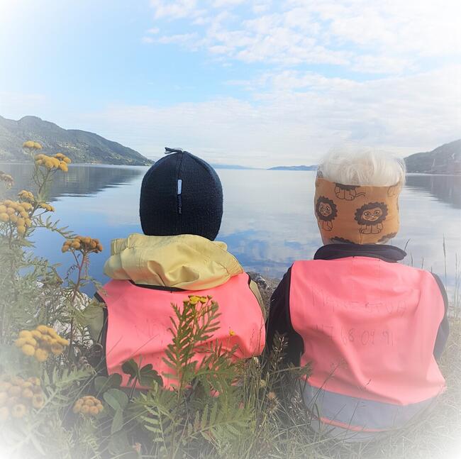To små barn ser ut over en fjord